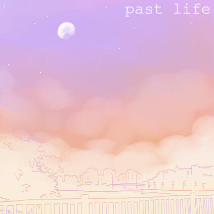 A digital drawing of a purple and orange sky with the outline of a city below.