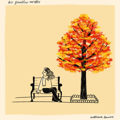 Digital drawing of a woman on a bench in the fall.